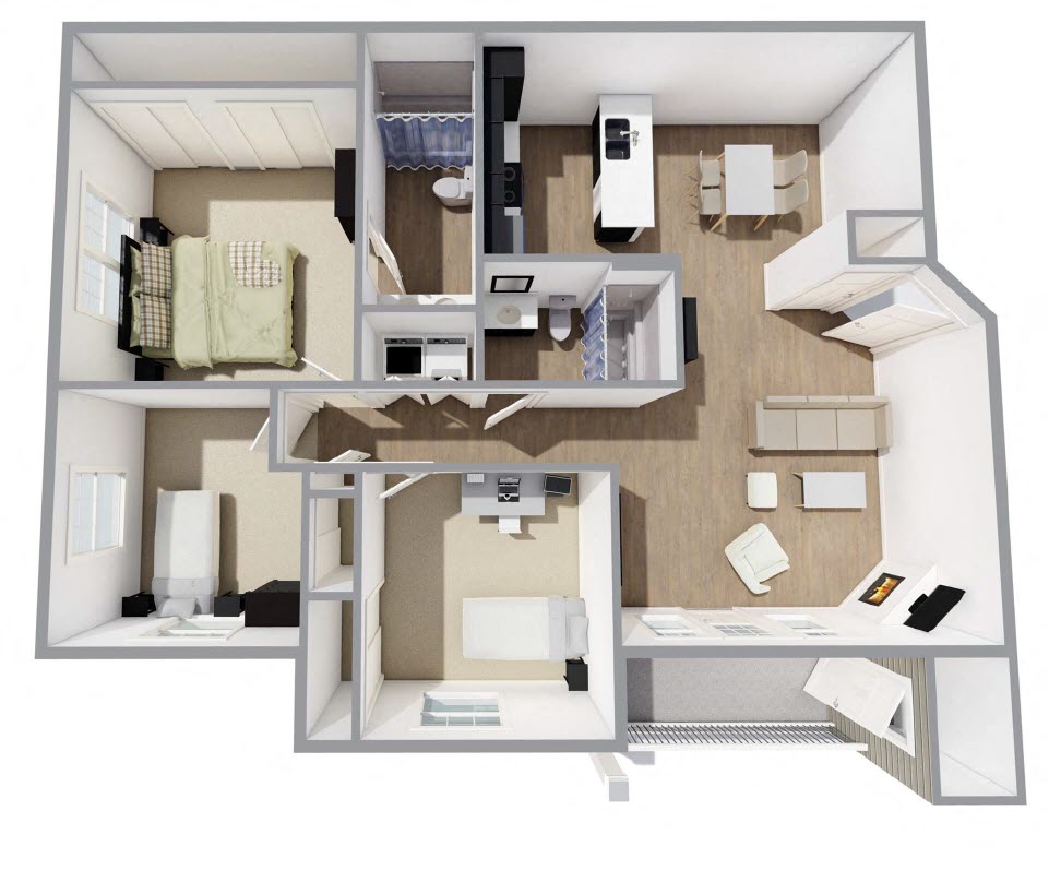 Floor plan for 3 beds, 2 baths, 1262 sqft